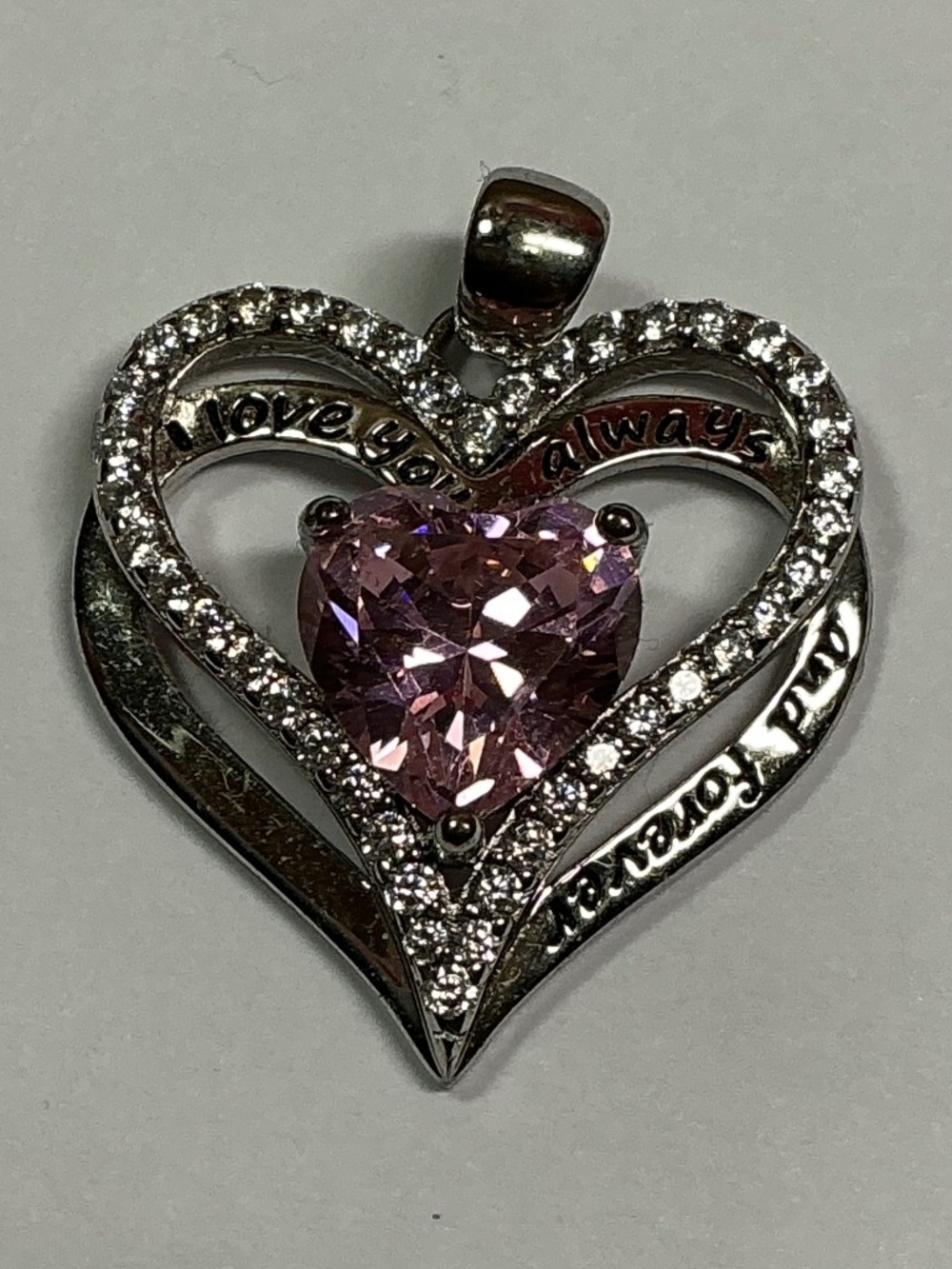 Sterling Silver I Love You Forever Always Heart Pendant W/ Pink & Clear Stones